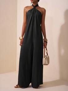 Zivah 2025 Women Summer New Music Festival, Easter, Mother's Day, Wedding Season, Daily Casual, Vacation, Cruise Travel, Beachwear Halter Backless Wide Leg Jumpsuit, Red-Brown Color Halter Neck Jumpsuit Black Jumpsuit