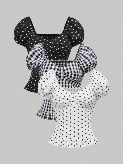 ROMWE Avant Women's Romantic Vacation Polka Dot & Plaid Backless Halter Multi-Piece Blouse