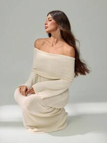 SHEIN Tall 女款純色長袖露肩針織長洋裝，秋季優雅白色長版毛衣洋裝，適合高個女性 - 白色 - 查看 8