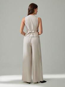 SHEIN Tall Women Solid Color Wrap Vest And Wide-Leg Pants Suit Set - Apricot - View 2