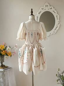 SHEIN MOD Square Neck Puff Sleeve Ruched Waistline 3-Tier Splice Sunflare Skirt Dress, Convertible Short And Long Style, Elegant Apricot Dress,Country Outfits,Beach Vacation Wear,Tea Party ,Modest ,Prom ,Lavender Hawaiian Dress,Sun Dresses For Women,Bohemian Clothes