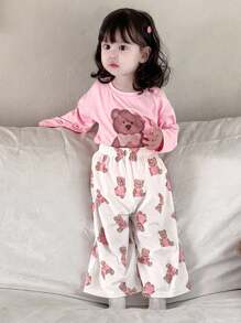 DAZY Toddler Girls' Casual Allover Print Short Sleeve T-Shirt + Full Print Long Pants Homewear Set