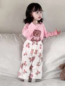 DAZY Toddler Girls' Casual Allover Print Short Sleeve T-Shirt + Full Print Long Pants Homewear Set