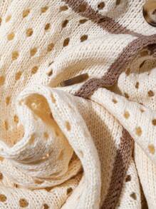 Linhara Plus Size Women Contrast Color Knit Open Front Hollow Striped Short Sleeve Casual Cardigan, Simplistic Spring/Summer