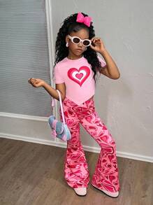 SHEIN 2 件套青少年女孩可爱心形印花 T 恤和针织裤休闲时尚搭配套装，日常百搭服装 - 粉色 - 查看 3