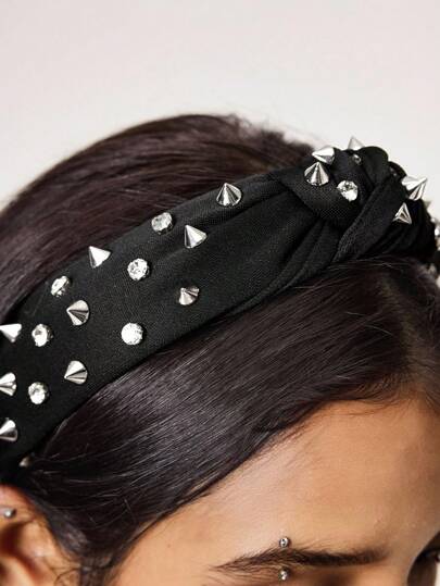 Grunge Punk 1pc Punk Style Rhinestone & Rivet Headband, Solid Black Y2K Pop Edgy Hairband, Niche Design Hair Accessories