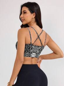 SHEIN Sports Women's Black And White Snakeskin Print Spaghetti Strap Cropped Sports Bra Active Top For Gym Workout. - Black and White - View 2