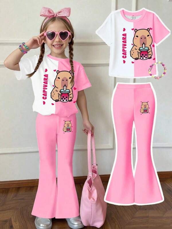 Toddler Girls Casual Fashion Creative Cartoon Cute Capybara Style Letter Slogan Print Relaxed Basic Short Sleeve Top And Flared Pants 2-Piece Set