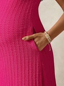 Boho Mama 孕妇时尚纯色高开叉无袖连衣裙，夏季 - 玫紅色 - 查看 7