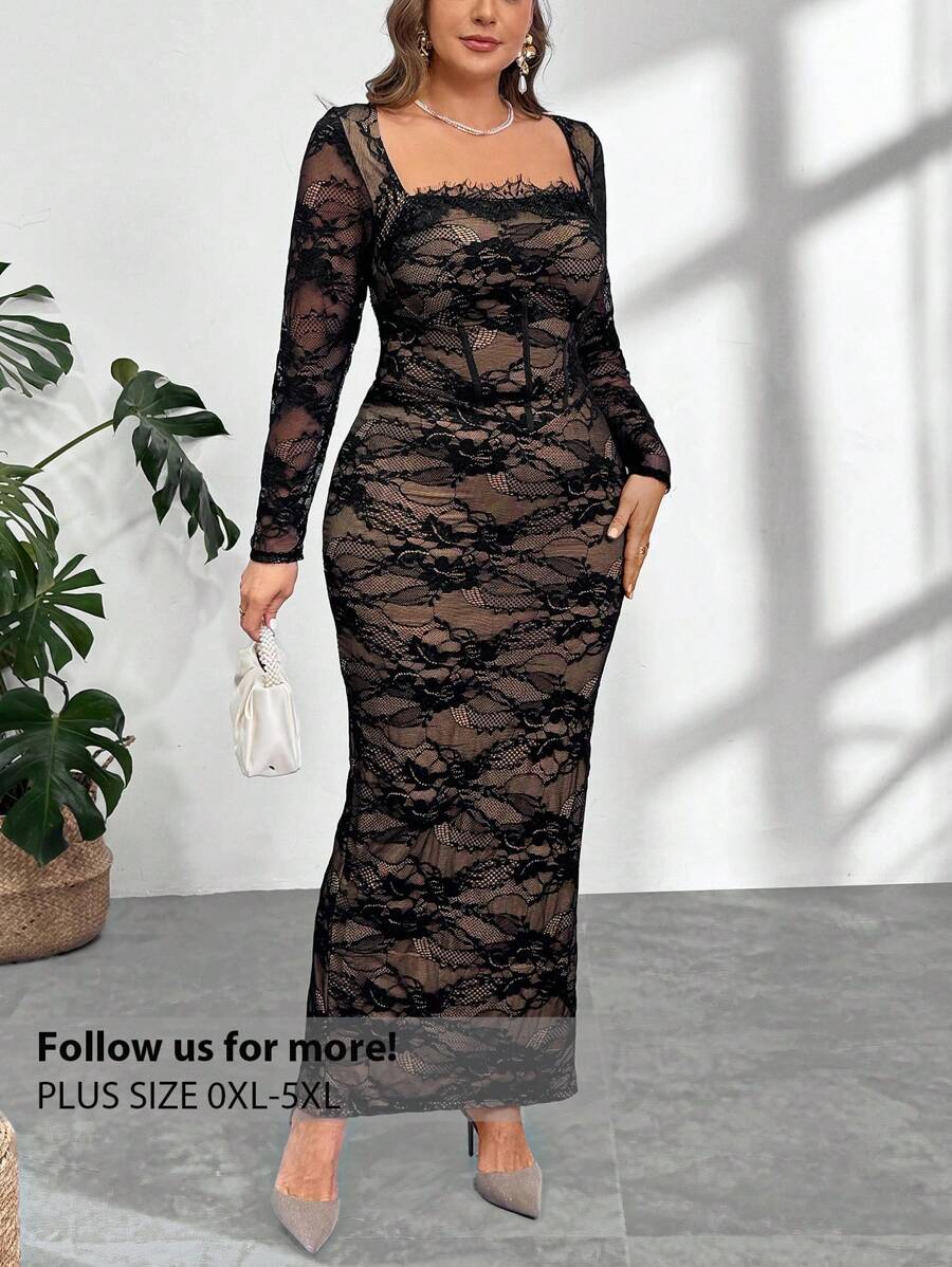 Firerie Plus Size Sexy Lace Long Sleeve Fitted Bodycon High Slit Dress For Party, Date, Evening, Spring & Summer Fall - Black - View 1