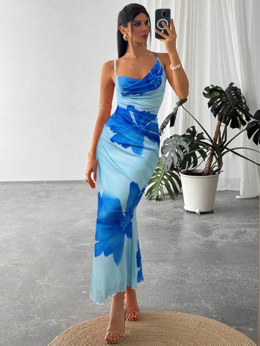 Firerie Váy Maxi hở lưng họa tiết lưới hoa gợi cảm thanh lịch lãng mạn mùa xuân/hè cho nữ, thích hợp cho tiệc tùng, bãi biển, trở lại trường, đêm hẹn hò, đám cưới, sinh nhật, lễ tình nhân - Màu xanh lam - Xem 1