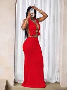 BamGleam Women Textured Metal Cutout Crop Halter Top And Mini Skirt Bodycon Sexy Set