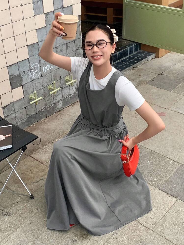Women Korean Style Solid Color Round Neck Mid-Length Dress Summer Women Dresses