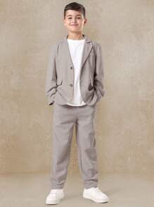 SUMWON 夏季婚礼特殊场合西装外套长裤正式服装时尚休闲优雅缺口翻领纽扣前襟天然亚麻风格 - 灰色 - 查看 1