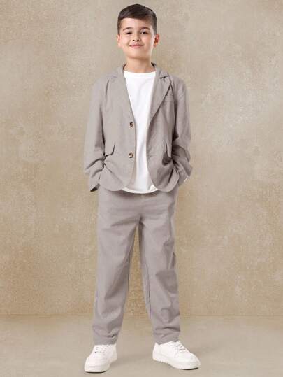 SUMWON Traje de chaqueta y pantalón para ocasiones especiales de verano, uso formal elegante con solapa muescada y botones frontales, estilo de lino natural