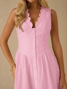 Enchnt 女士优雅纯色镂空刺绣纽扣前开长裙 - 淺粉色 - 查看 2