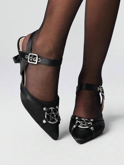 Goth Elegant Fashion Casual Pointed Toe Thin Heel Women's Black High Heels With Metal Eyelets And Bowknot Design, Suitable For Party, Daily Wear, Evening Dress, Height Increasing And Leg Elongation, Comfortable Versatile Women High Heels