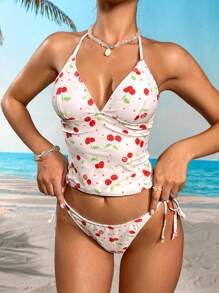 Swim Vcay Women's Sweet All-Over Cherry Print Halter Neck Bikini Set For Beach, Summer