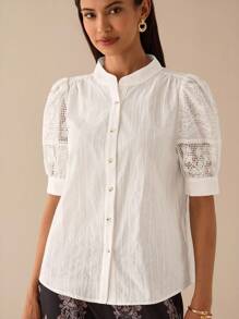Lilora Women's Casual Summer Hollow Out Puff Sleeve Single Breasted Shirt Urban Style Urban Leisure, Romantic And Elegant, Going Out