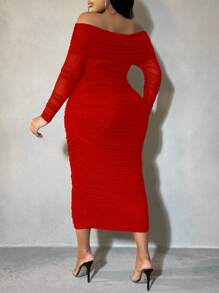 SHEIN PETITE CURVE Plus Size Solid Color Off Shoulder Long Sleeve Slim Fit Casual Dress, Summer Outfits For Women,, Elegant Dresses For Women, Suitable For People Of Shorter Stature - Red - View 2