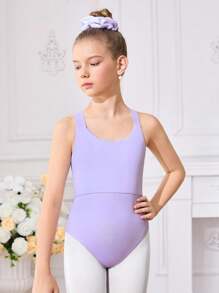 Tween Girls' 2Pcs Purple Ballet Leotard & Lace Skirt Set, Slim-Fit High Elasticity Fitness Outdoor Sports Dance Activewear
