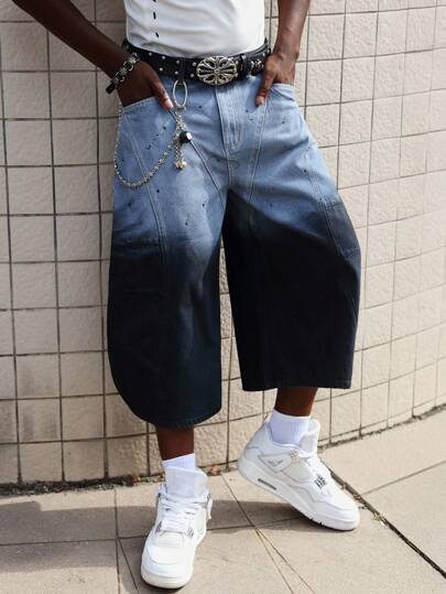 Grunge Punk Men's Grunge Baggy Fit Fashion Washed Gradient Wide-Leg Jeans