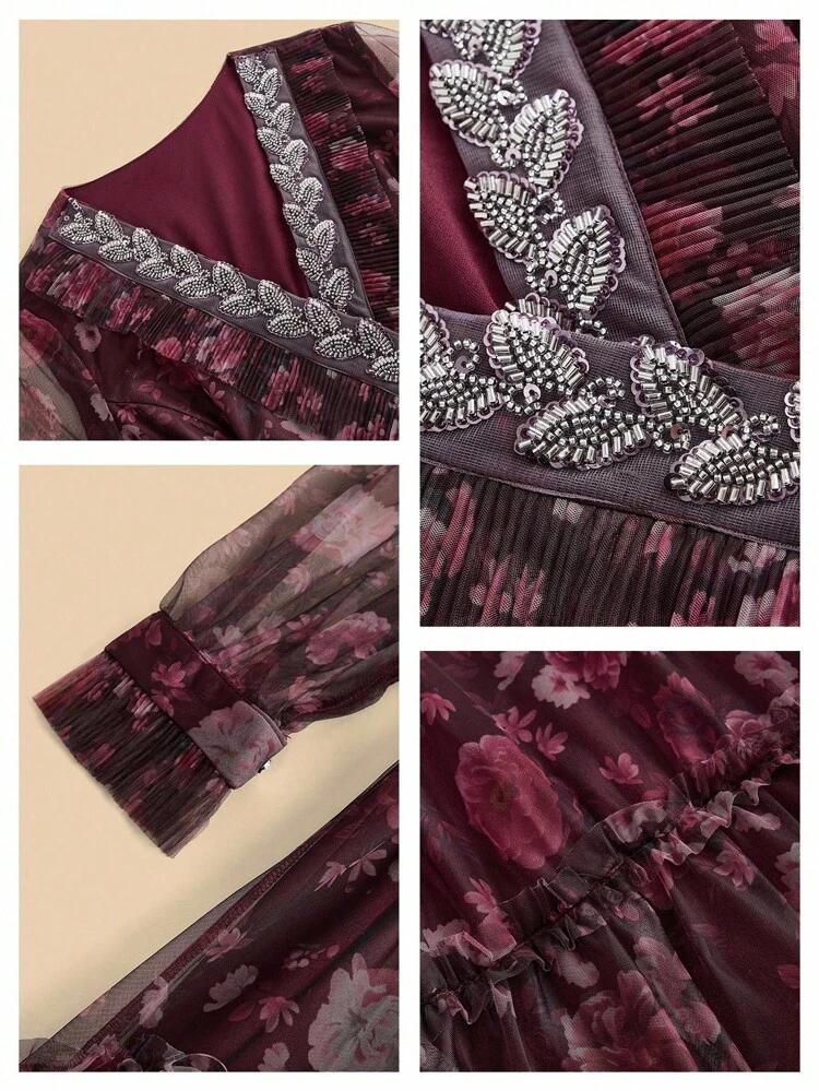 Women's Elegant Burgundy Floral Long Dress V-Neck Long Sleeve Flared Mesh Maxi Dress With Wrap Details
