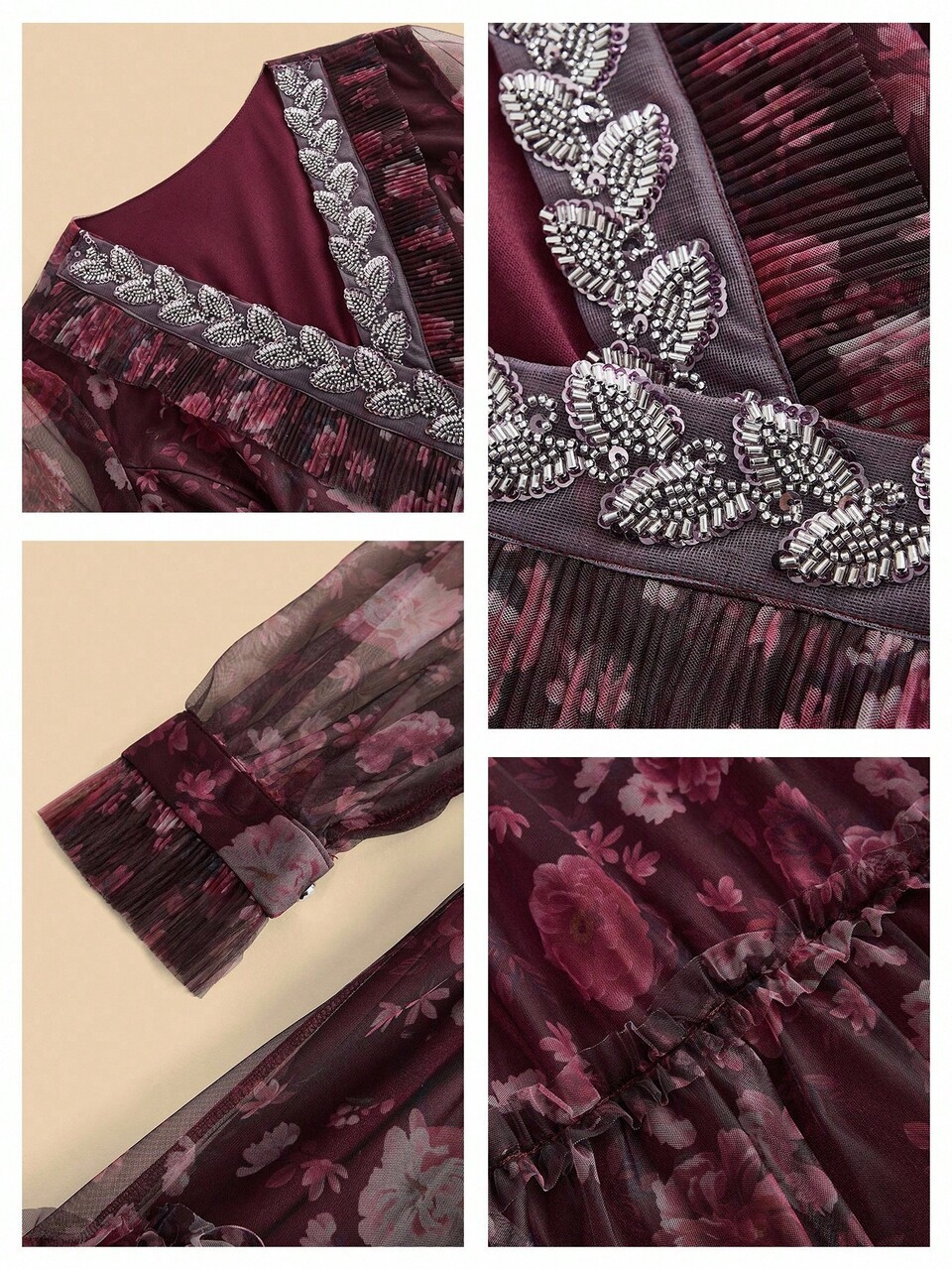 Women's Elegant Burgundy Floral Long Dress V-Neck Long Sleeve Flared Mesh Maxi Dress With Wrap Details