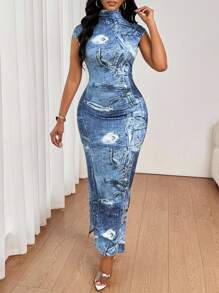 SHEIN Lady Women's Mock Neck Cap Sleeve Denim Print Fitted Fashion Dress - Multicolor - View 6