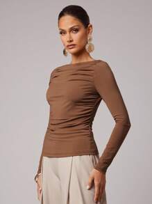 Silquee Women's Solid Color Boat Neck Dolman Sleeve Gathered Casual T-Shirt,Business Casual Top,Long Sleeve Top,Old Money Style Women,Fall Women Clothes,Back To School Clothes,Going Out Women,Going Out Outfits,Date Night Outfits Women