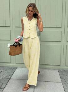 SHEIN Frenchy Bộ đồ thường ngày 2 món áo vest và quần kẻ sọc một hàng khuy mùa hè dành cho nữ - Màu vàng - Xem 3