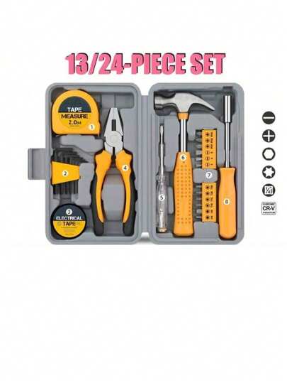 24 Stücke Stahl Haushaltswerkzeug-Set, Werkzeug-Set für DIY, Notwendigkeiten für tägliche Dekoration und Wartung, kreatives Geschenk für Damen, 1 Set Heimwerker Werkzeug-Set, Elektroreparatur-Werkzeug, multifunktionaler Fahrzeug-Werkzeugkasten-Set, Werkzeuge für Männer