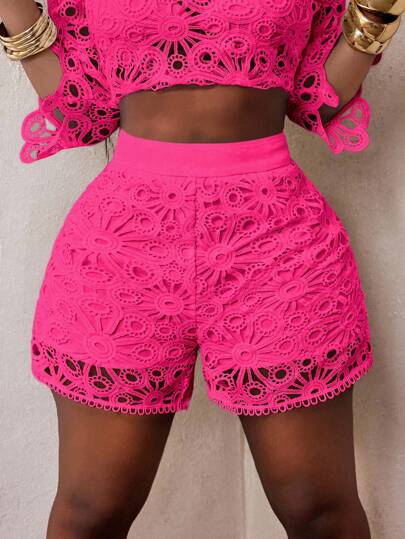 BamGleam Spring/Summer New Elegant Casual Solid Color Floral Hollow Loose Shorts For Women