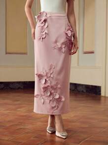 ZEYLAH Women's Elegant Commuting 3D Flower Skirt Fall Cloth For Women - Pink - View 2