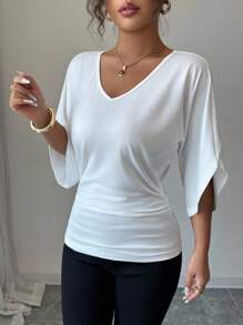 Elenzga Women's V-Neck Ruffle Batwing Sleeve Solid Color Short Sleeve T-Shirt