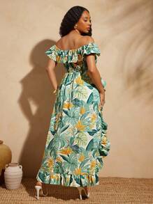 Vixey 100% Cotton Tropical Floral Print Off Shoulder Layered Ruffle Hi-Low Woven Top, Tropical, Tropical Vacation, Off The Shoulder Tropical Top, Vacation - Multicolor - View 2
