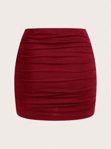 SHEIN MOD 2pcs Women Casual Minimalist Wine Red & Black Ruched Bodycon Mini Skirt Set, Suitable For Summer Suitable For Going Out Chic Dress