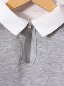 SHEIN 2pcs/Set Teen Girls' School Style Shirt Collar 2 In 1 English Graphic Long Sleeve Sweatshirt With Matching Pleated Mini Skirt, Featuring Contrasting Sleeve Ribbons And Bowknot Decor, Comfortable Knit Fabric, Youthful And Vibrant Look, Suitable For School Or Casual Wear Fall Winter