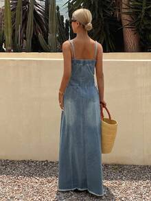 Livesso Women Distressed Washed Denim Maxi Slip Dress Summer Women Dresses Sundress - Blue - View 2