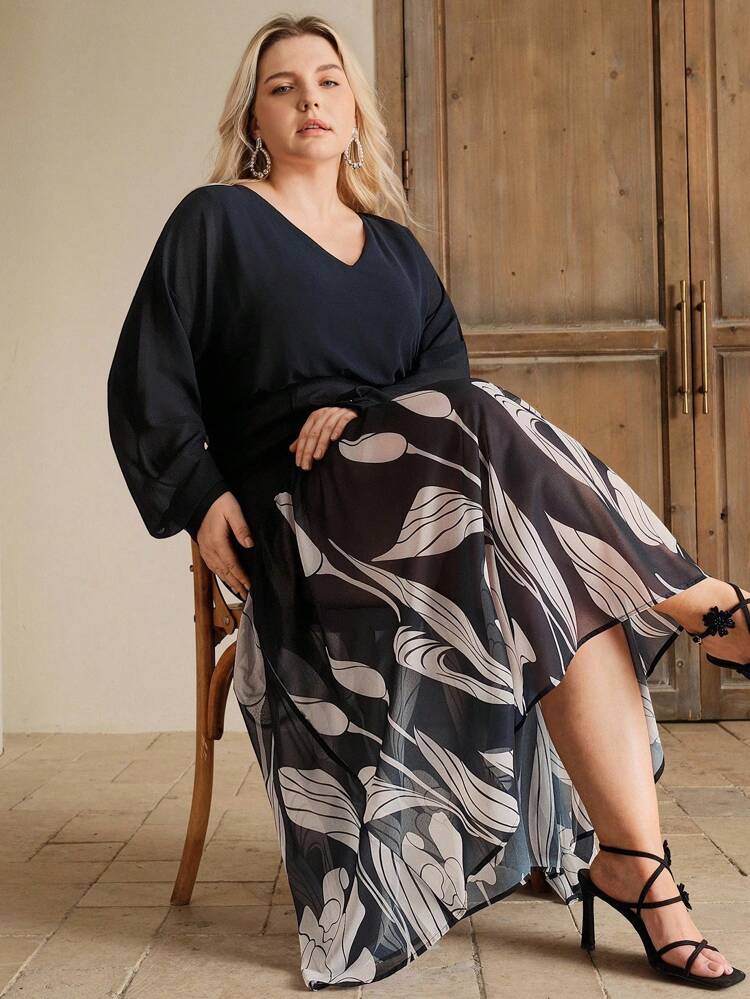 Plus Size Women Floral Print Mermaid Hem Long Sleeve Elegant Dress