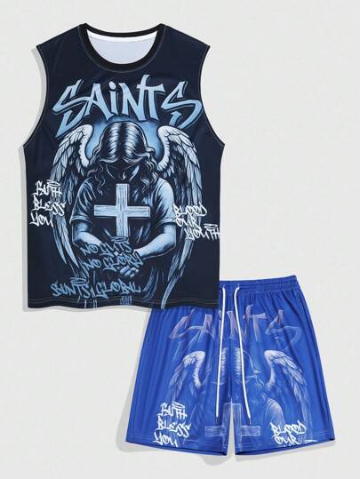 Goth 2pcs/Set Men's Angel Saint Print Crew Neck Tank Top And Drawstring Waist Shorts