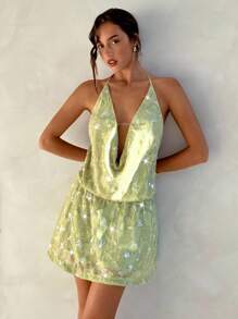Aloruh Rochie mini verde cu imprimeu A, model halter, sexy, cu umeri goi și talie legată, potrivită pentru vacanța de primăvară/vară - Verde - Vizualizare 3