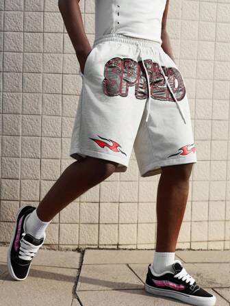 Street Life Pantaloncini casual da uomo con stampa grafica, vita con cordoncino e tasche