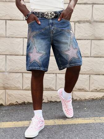 Street Life Pantalones cortos de mezclilla con bloques de color y parche de estrella para hombres