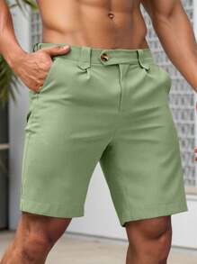 Manfinity Homme Pantalones cortos de hombre con bolsillos en diagonal de color liso - Verde - Ver 4