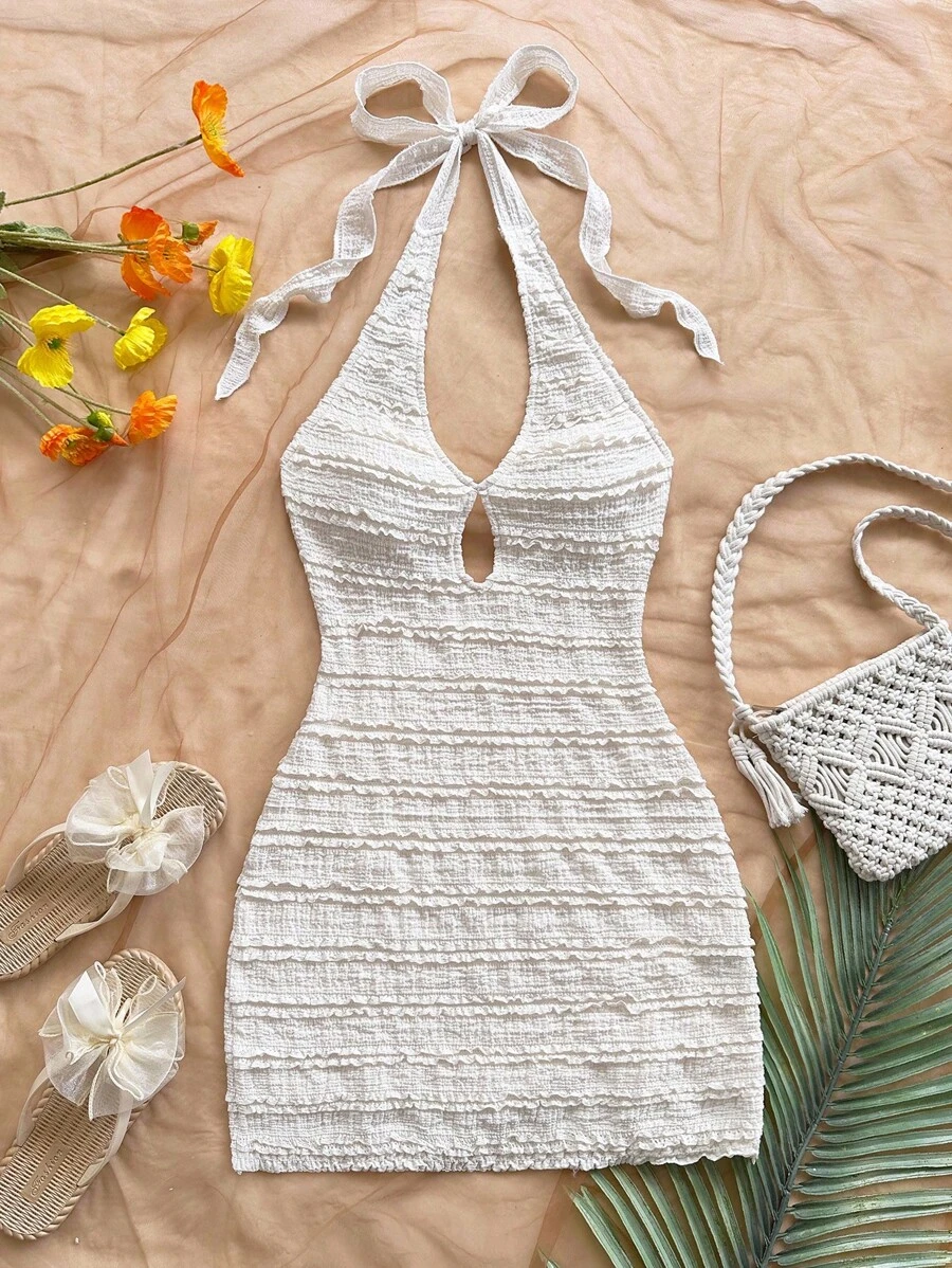 Soleia 女式荷叶边露背镂空挂脖迷你连衣裙，性感派对、婚礼、约会、下午茶、街头城市度假、音乐节、海滩、夏季服装、波西米亚度假 - 米色 - 查看 1