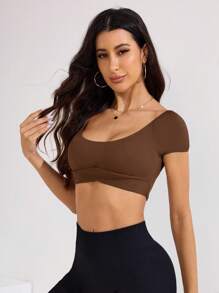 SHEIN Sports T-shirt court de sport pour femmes à manches raglan, col carré, couleur unie - Marron - Voir 3