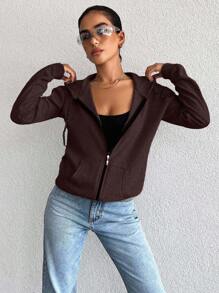 RueChic 100%Cotton Casual Solid Zip Up Drawstring Hoodie - Brown - View 5