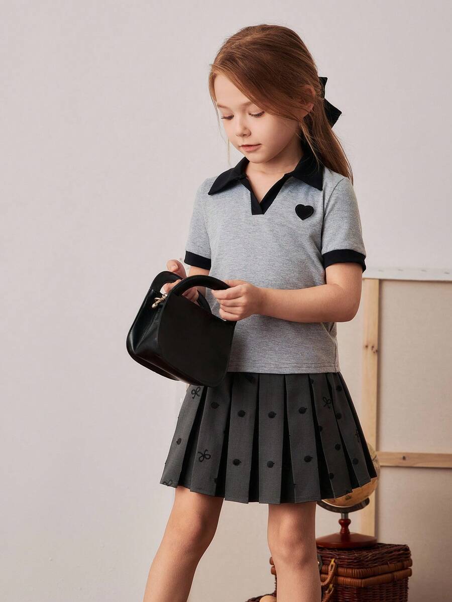 PrepCrw Young Girl Academia Style Color Block V-Neck Short Sleeve Polo Shirts,Summer Career Day Back-To-School Contrast Trim School Uniform Tops - Multicolor - View 1