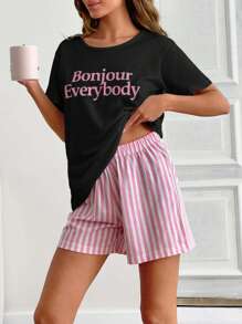 EURMUSE Cotton 2pcs Women Line Print Short And Slogan Print Top Homewear Pajama Set - Black - View 4